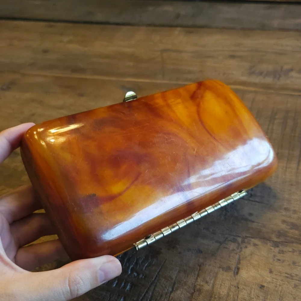 Vintage Ilene New York Faux Tortoise Shell Bee Rhinestone Lucite Clutch Bag 1950